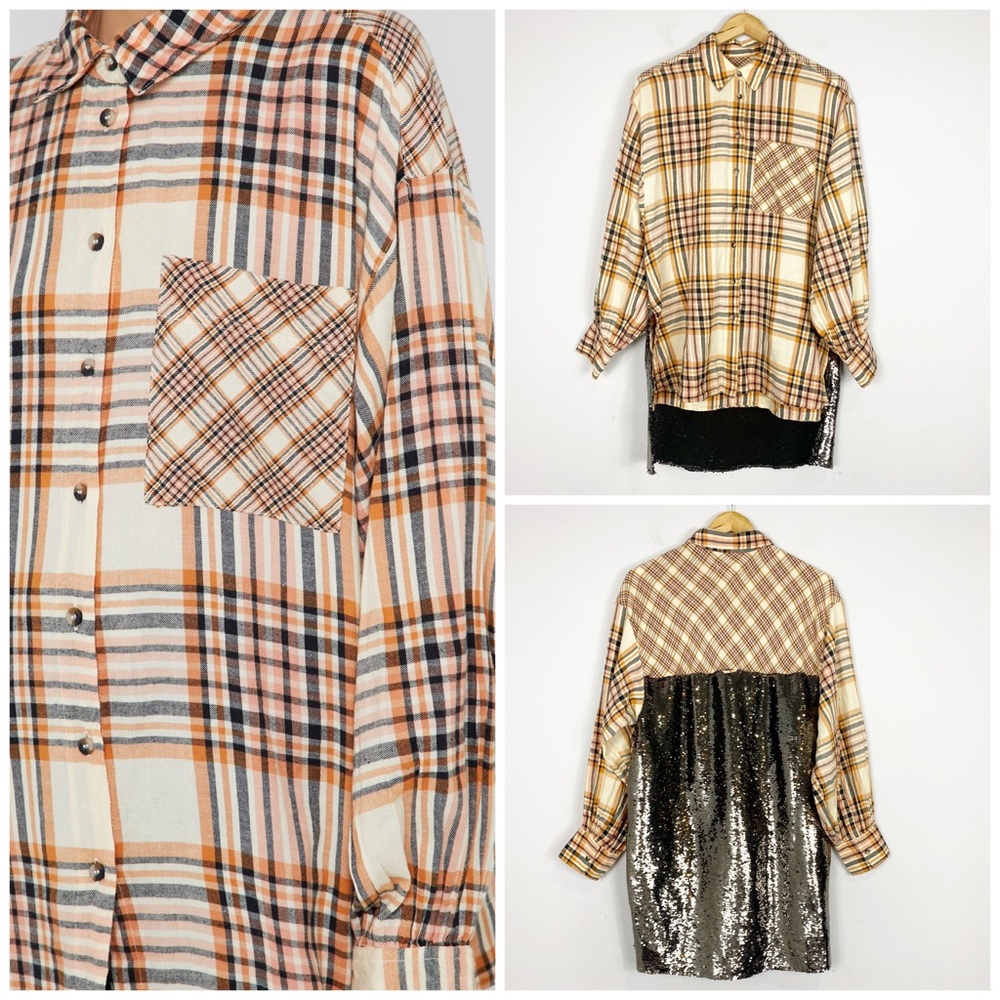 Topshop Plaid Tunic Shirt with Sequined Back - Cream, Tan, Black